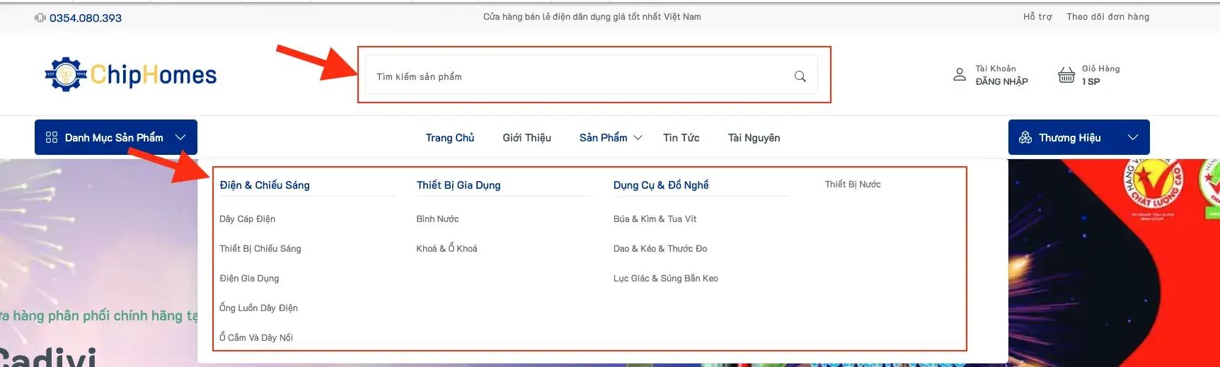 Tìm kiếm và chọn sản phẩm trên chiphomes