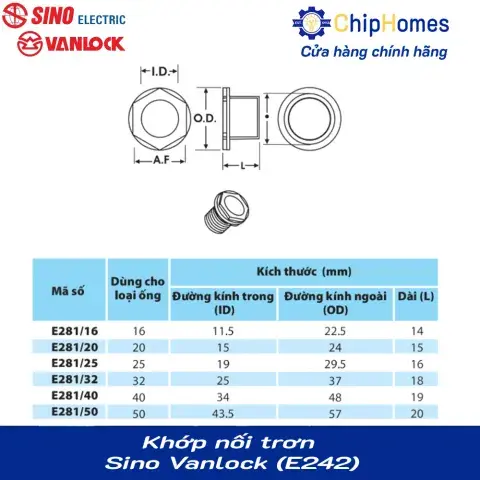 Bảng thông số kỹ thuật Khớp nối trơn Sino Vanlock (E242)