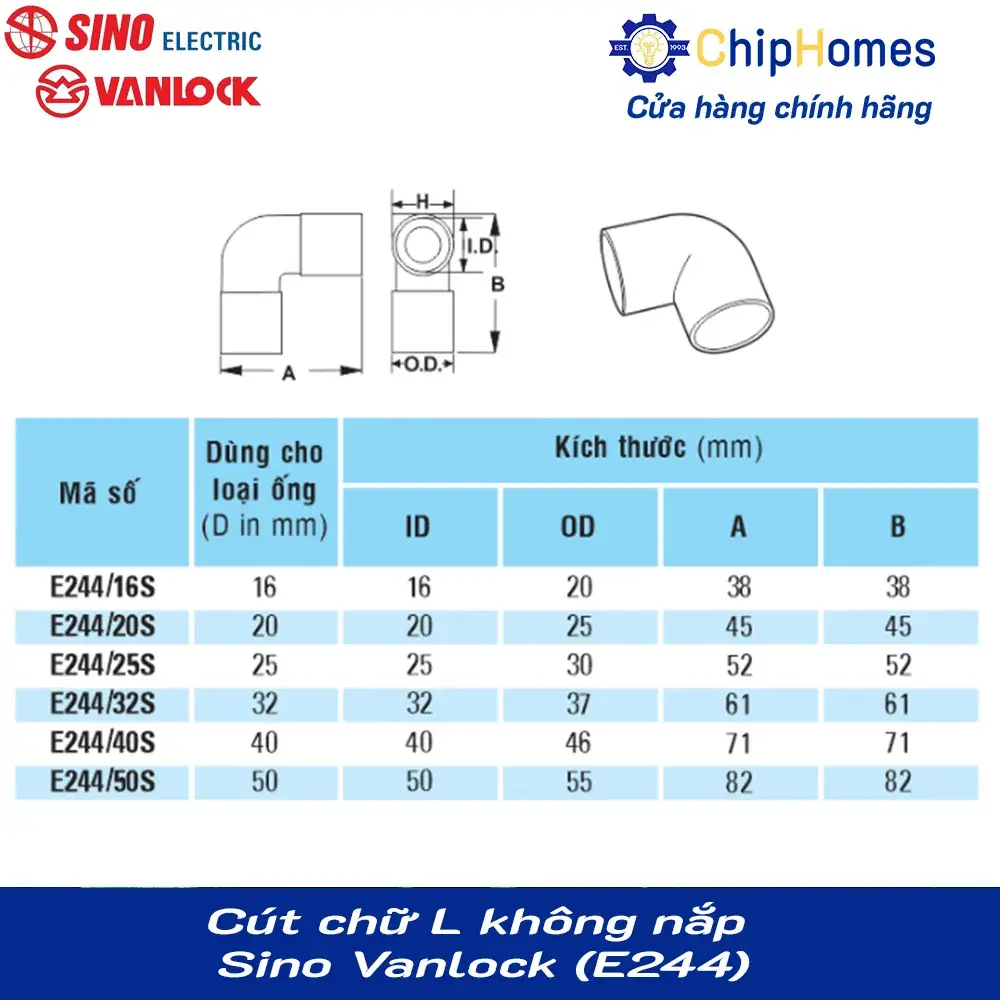 Bảng thông số kỹ thuật Cút chữ L không nắp Sino Vanlock (E244)