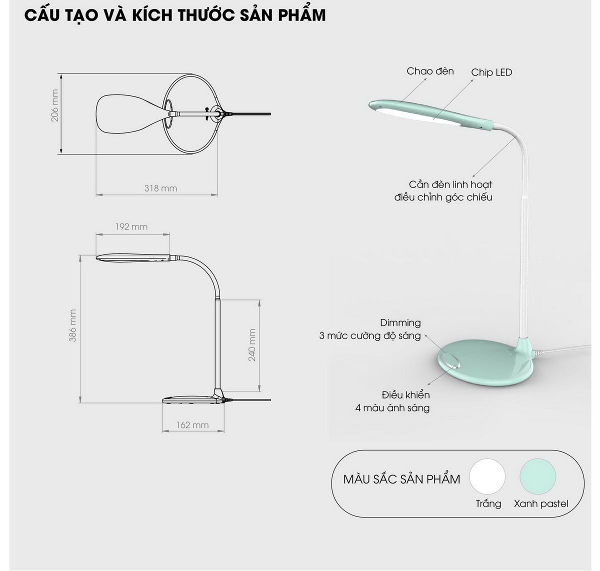 Cấu tạo Đèn Bàn Học LED Cảm Ứng Chống Cận Rạng Đông RD-RL-21 6W