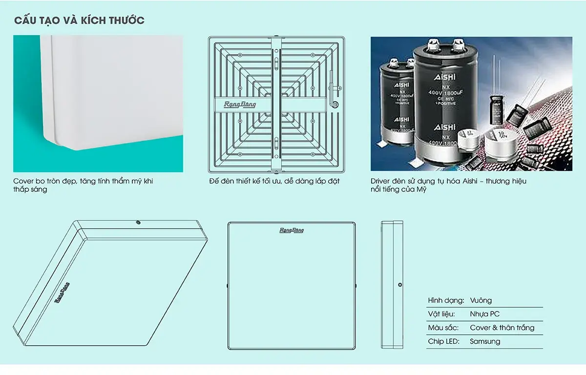Cấu tạo Đèn LED Ốp Trần Vuông Đế Nhựa Rạng Đông 300x300/24W LN12N