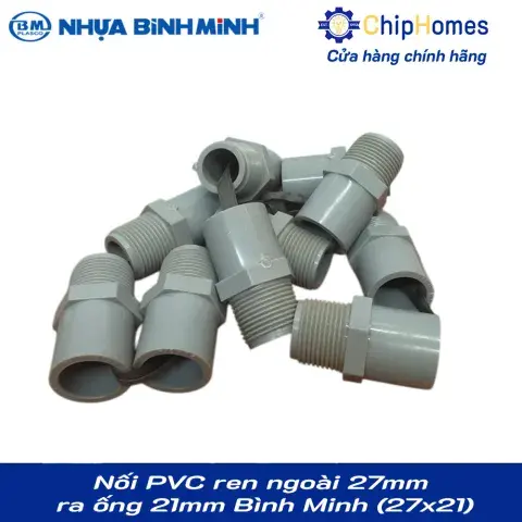 Nối PVC ren ngoài 27mm ra ống 21mm (dày) Bình Minh PN15