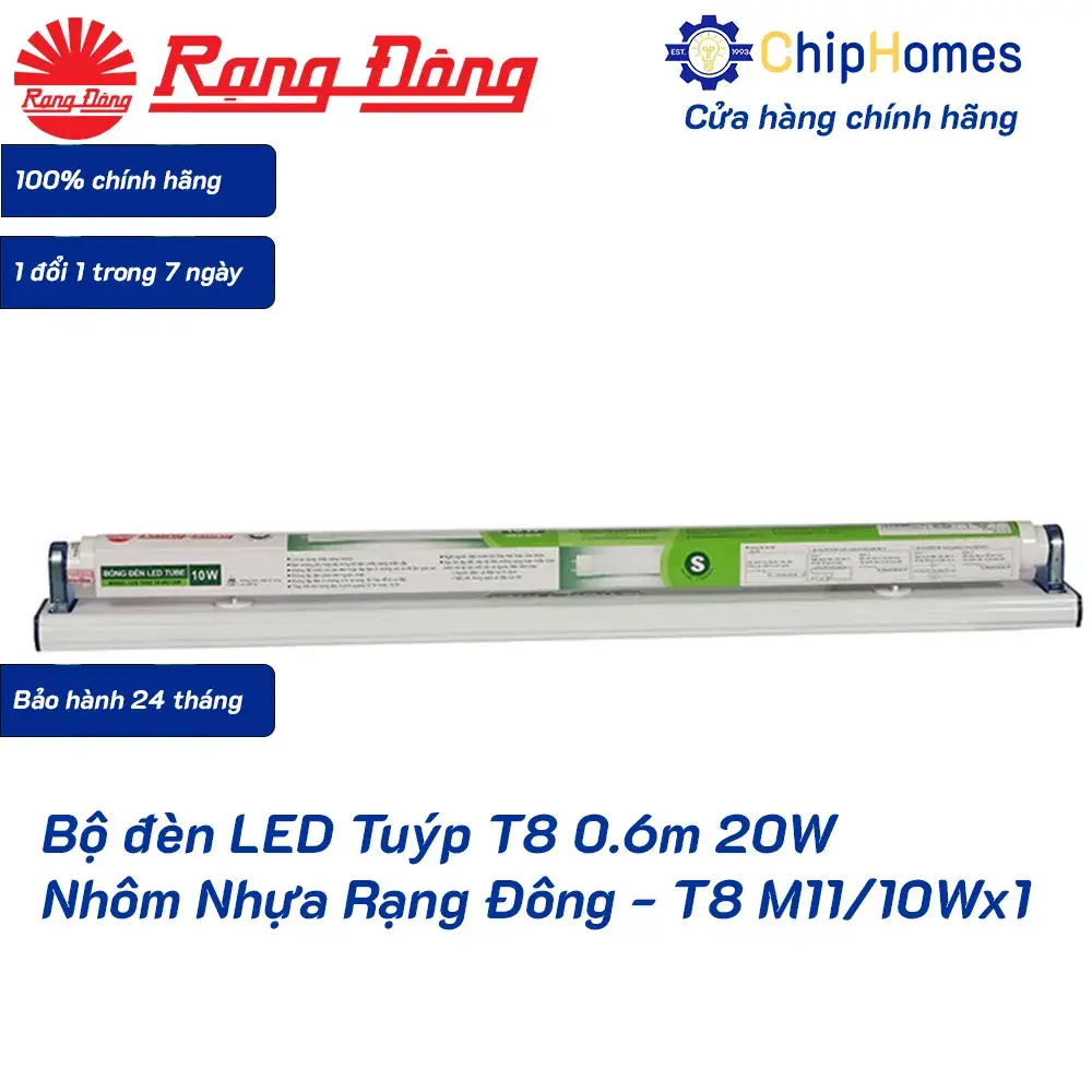 Bộ đèn LED Tuýp T8 0.6m 20W Nhôm Nhựa Rạng Đông - T8 M11-10Wx1
