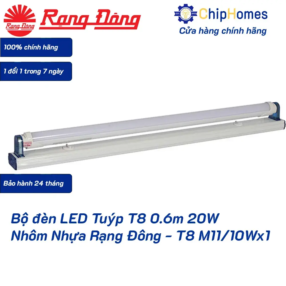 Bộ đèn LED Tuýp T8 0.6m 20W Nhôm Nhựa Rạng Đông - T8 M11-10Wx1