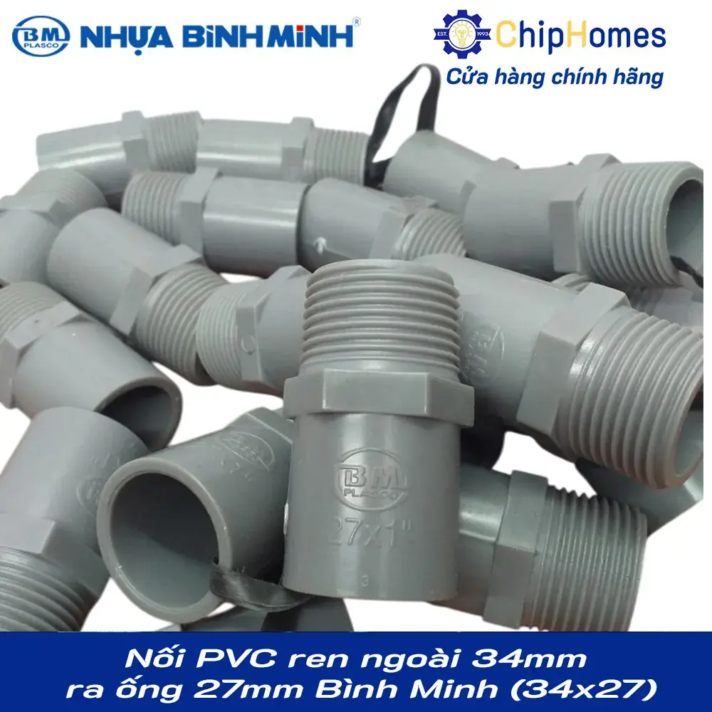 Nối PVC ren ngoài 34mm ra ống 27mm (dày) Bình Minh PN15