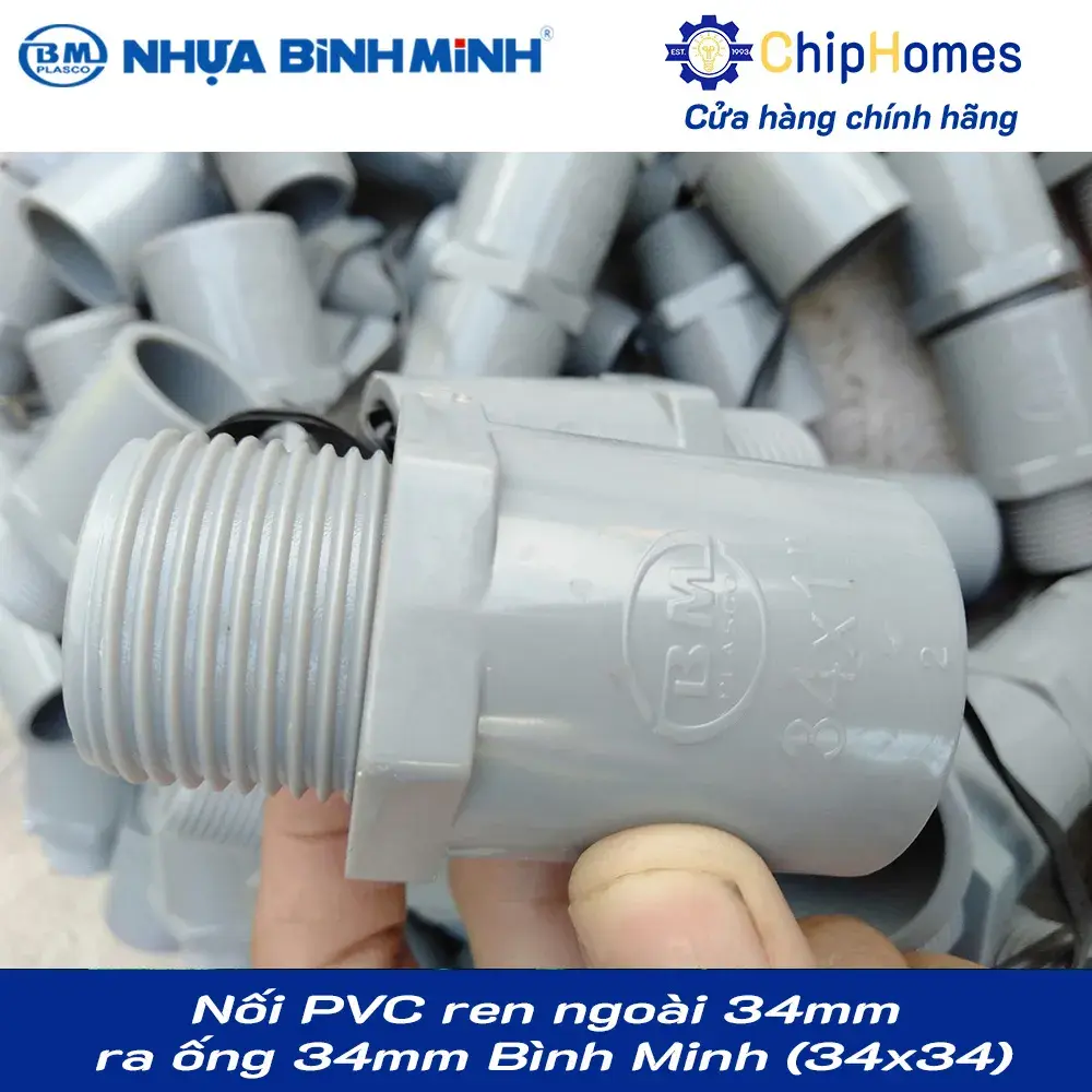 Nối PVC ren ngoài 34mm ra ống 34mm (dày) Bình Minh PN15